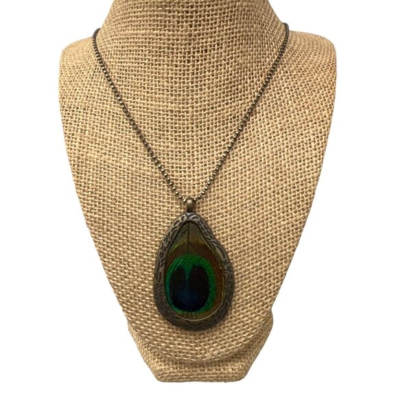 Peacock Feather Pendant Necklace Antique Gold Finish Adjustable Ball Chain - Picture 1 of 5
